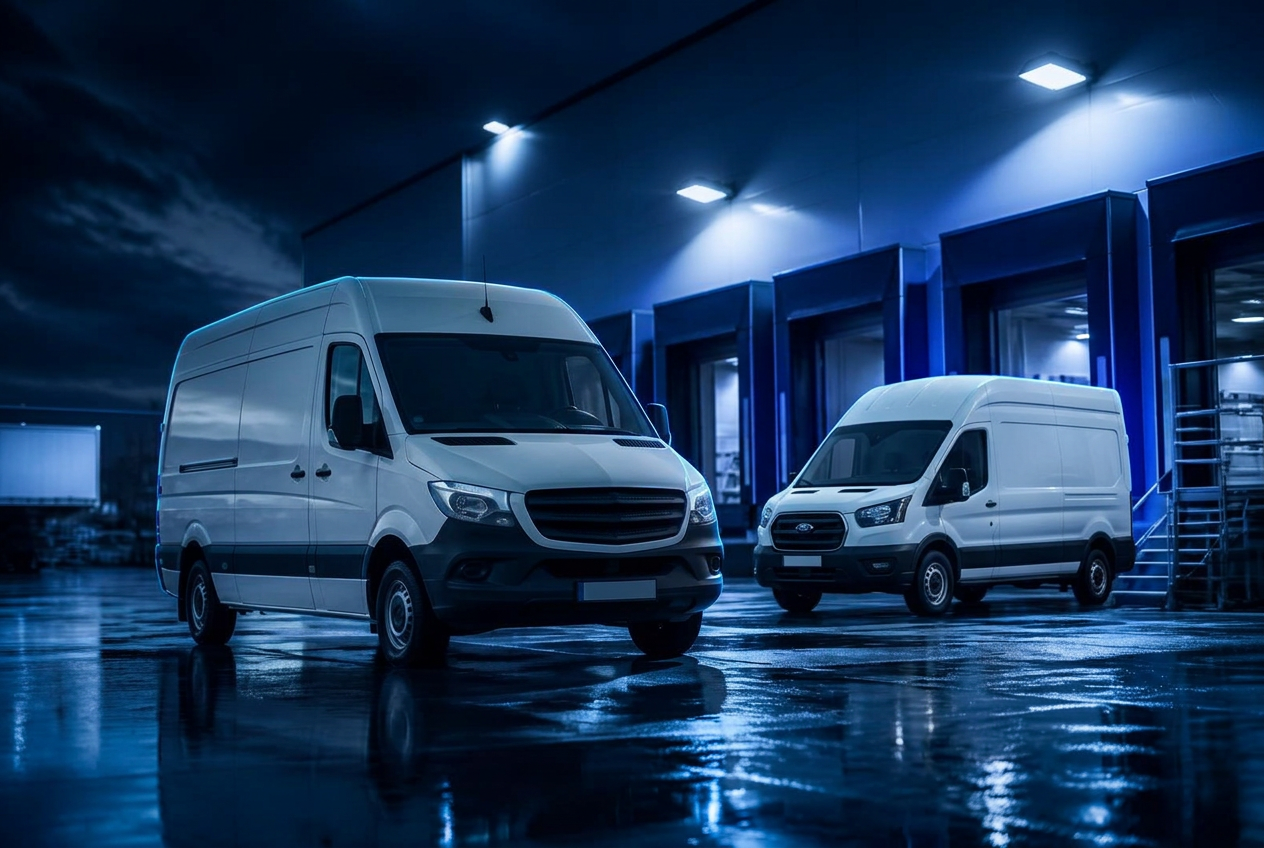 Cargo van and Sprinter van loading at a dock at dusk
